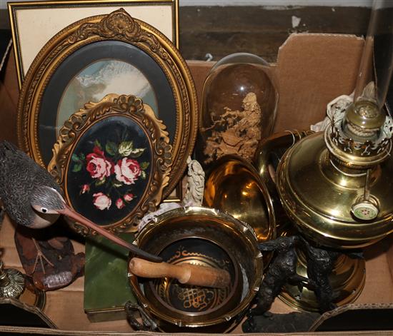 Brass oil lamp, cork picture under dome, pictures etc
